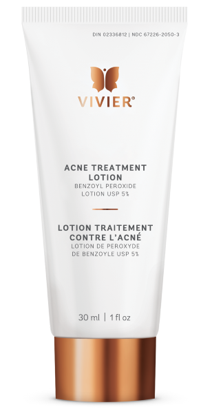 A tube of Vivier Acne Treatment Lotion with benzoyl peroxide 5% for unclogging and treating acne.