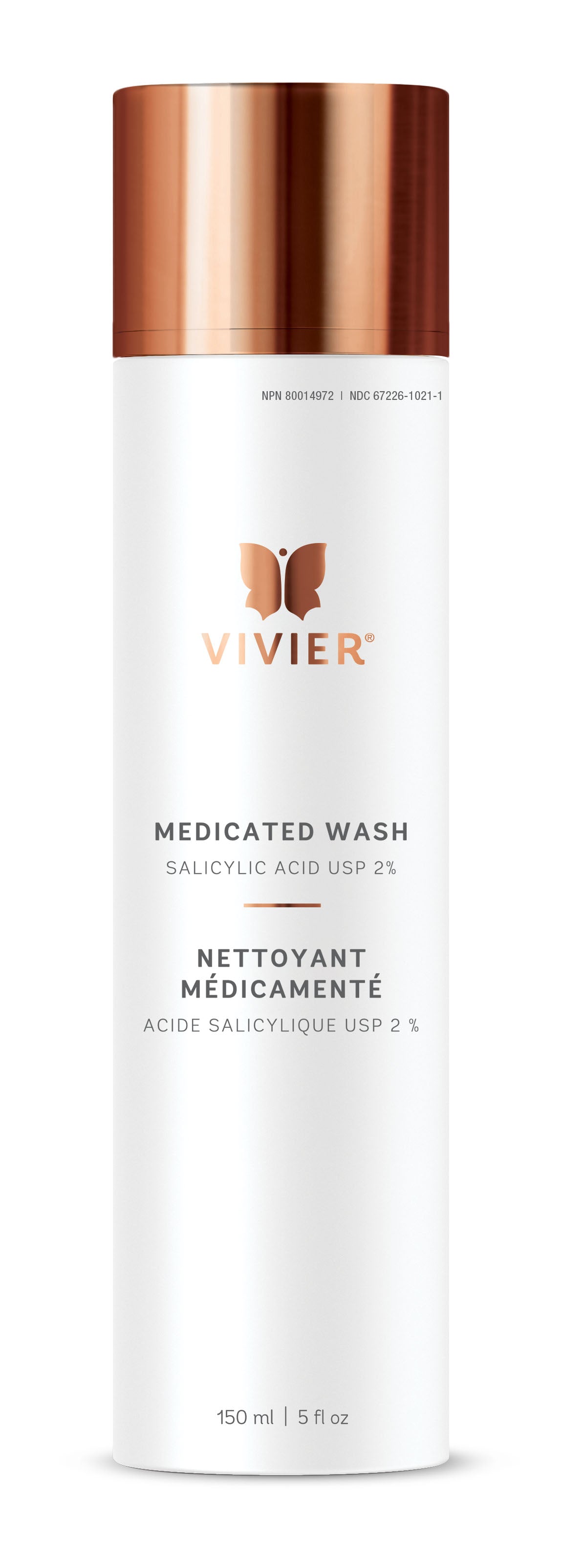 A bottle of Viver Medicated Wash. The bottle is white with a rose gold cap.