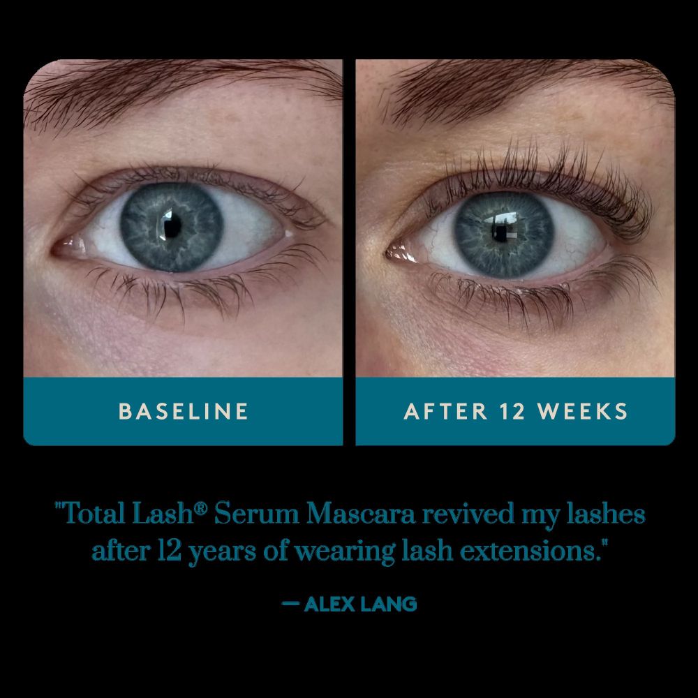 Before and after comparison of eyes with Total Lash Serum Mascara showing revitalized lashes.