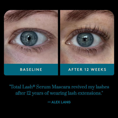 Before and after comparison of eyes with Total Lash Serum Mascara showing revitalized lashes.