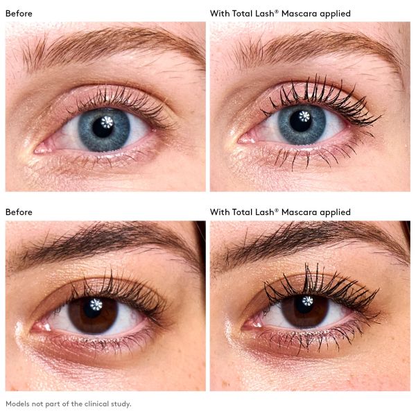 Before and after comparison of Colorescience Total Lash Mascara application on eyes.