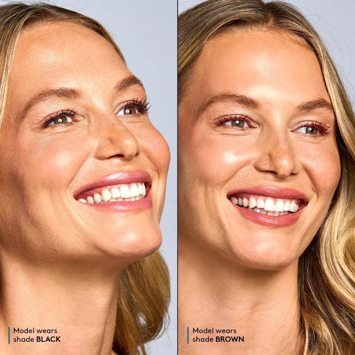 Side-by-side comparison of a woman's face with different serum mascara shades on a plain background.