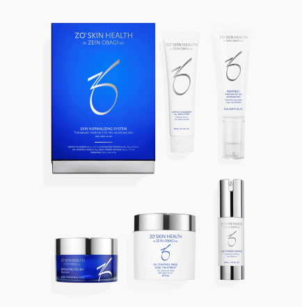 A collection of skin care products from ZO Skin Health, including cleanser, exfoliating polish, oil control pads, acne treatment, daily power defense, and Rozatrol.